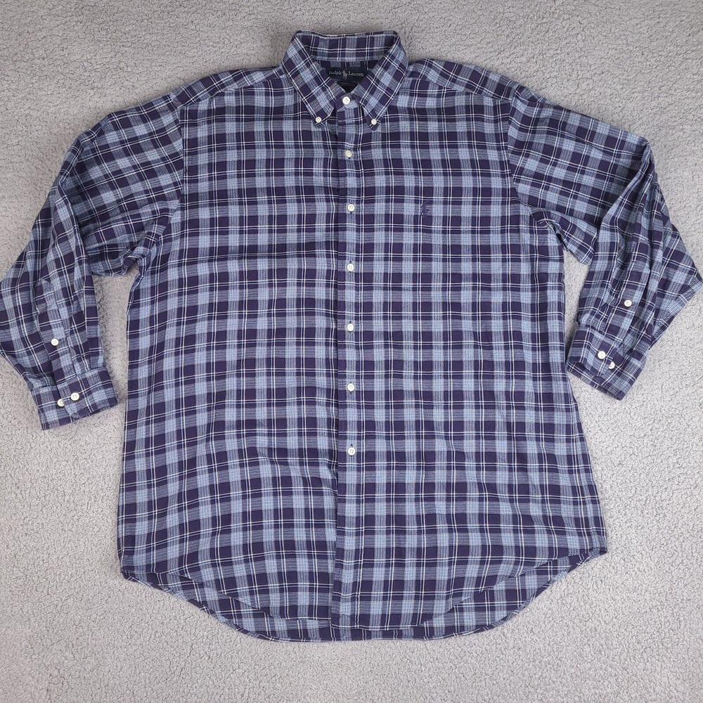 Ralph Lauren Shirt Mens XXL 16.5 32/33 Blue Plaid Button Up Yarmouth Long Sleeve